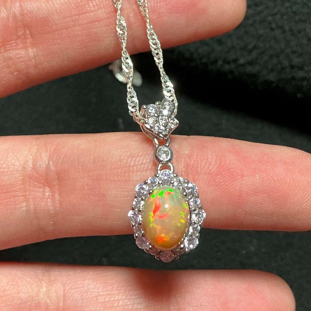 Natural Fire Opal Pendant CZ Crystal Necklace Opal Necklace 925 Sterling Silver